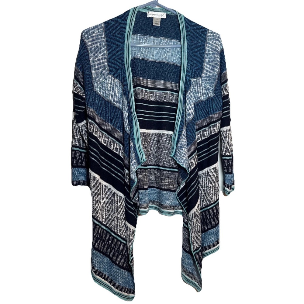 VTG Christopher & Banks Women's‎ M Open Front Cardigan Geometric Blue USA Knit